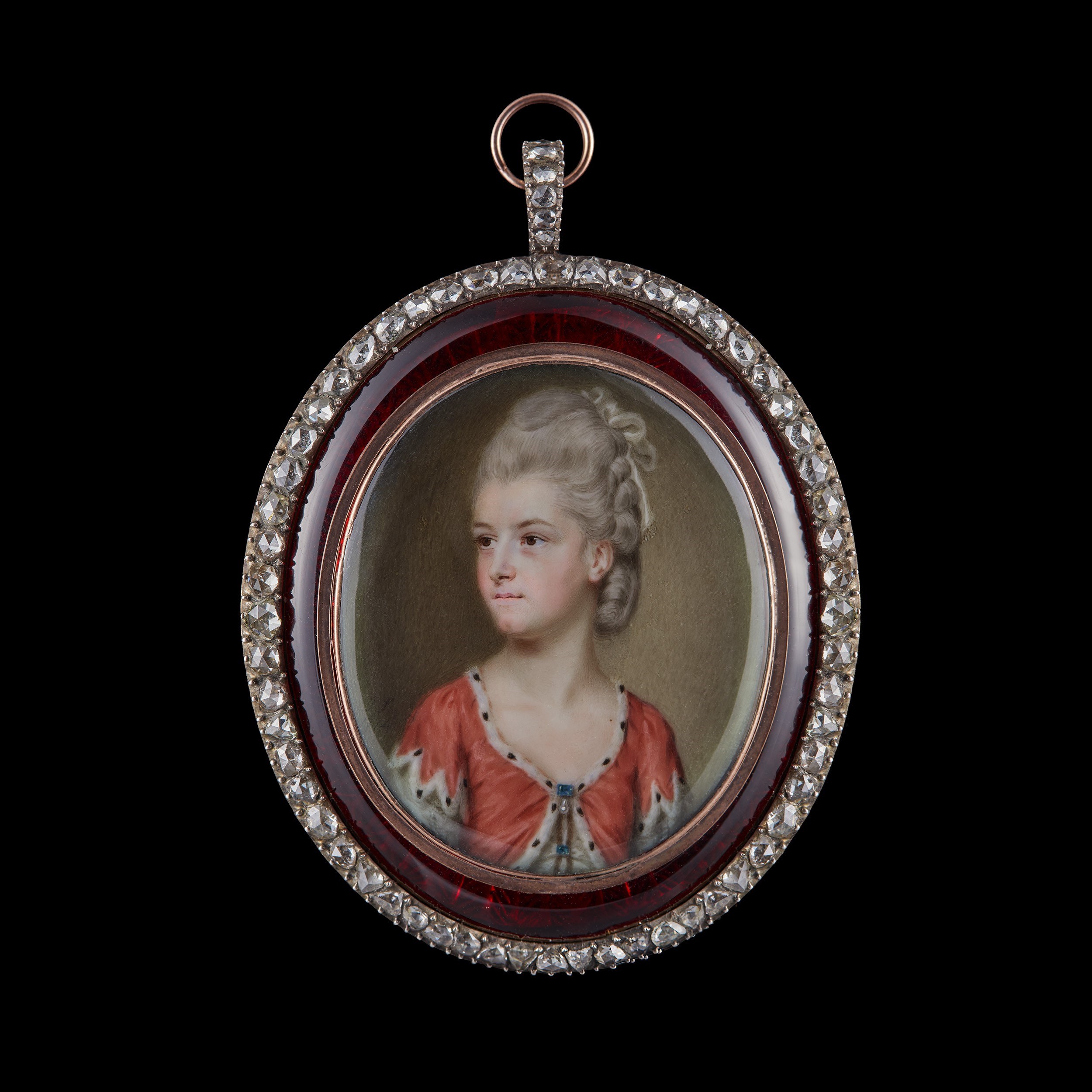 Portrait miniature of Mrs Fenton, wearing a white dress, a red surcoat trimmed with ermine, a drop-pearl brooch and sapphires at her corsage, her upswept, powdered hair dressed with white ribbon
